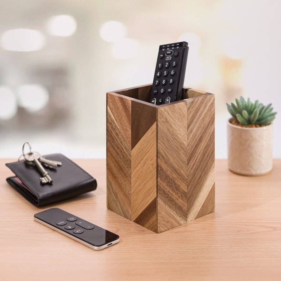 Woodluv Herringbone Pattern Acacia Wood Utensil Holder, 10 x10 x15 cm