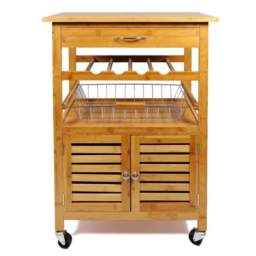 Woodluv Kitchen Cart With Drawer, Wire basket, Cabinet & Wine Storage