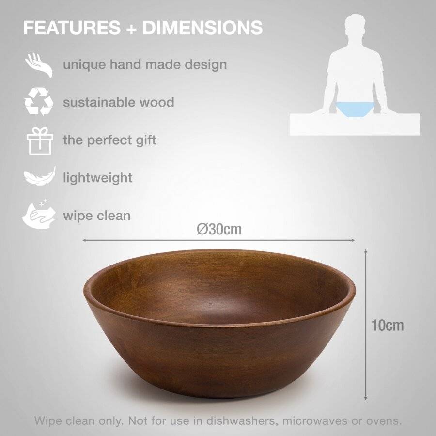 Woodluv Large 30 cm Mango Wood Decorative Salad Serving Bowl