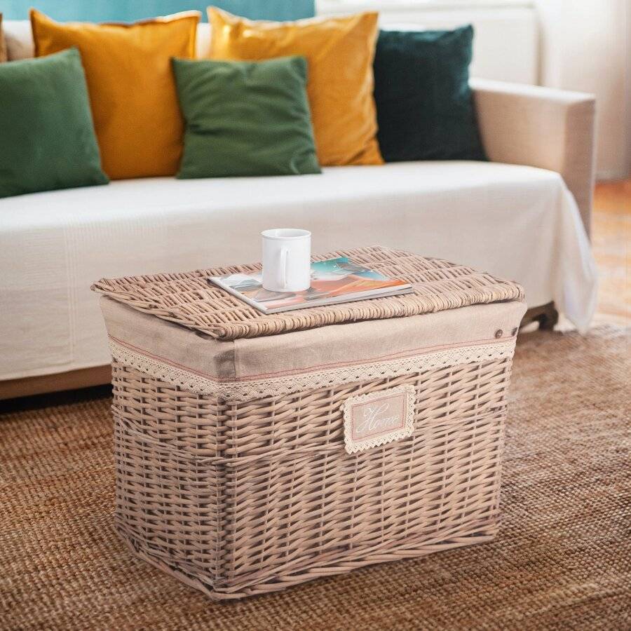Woodluv Large Handwoven Natural Wicker Lined Storage Trunk With Lid