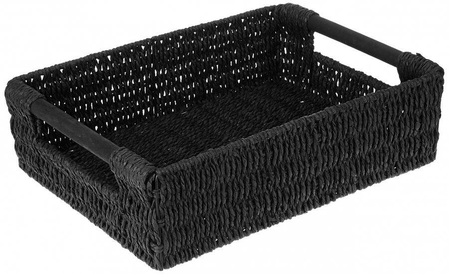 Woodluv Large Paper Rope Gift Hamper Basket With Wooden Handle, Black