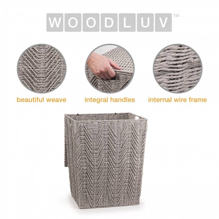Woodluv Large Paper-rope Laundry Basket With Lid, Grey