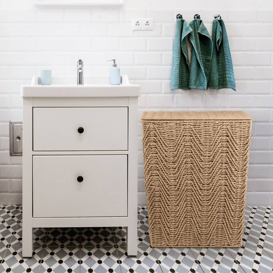 Woodluv Large Paper-rope Laundry Basket With Lid, Khaki