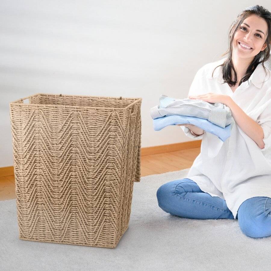 Woodluv Large Paper-rope Laundry Basket With Lid, Khaki