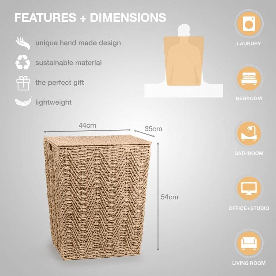 Woodluv Large Paper-rope Laundry Basket With Lid, Khaki