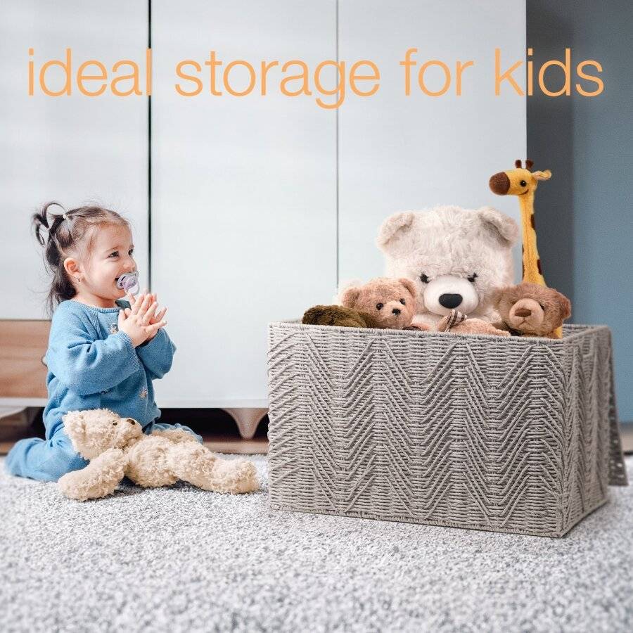 Woodluv Large Paper-rope Storage Box With Lid, Grey, 55 x 39 x 35 cm