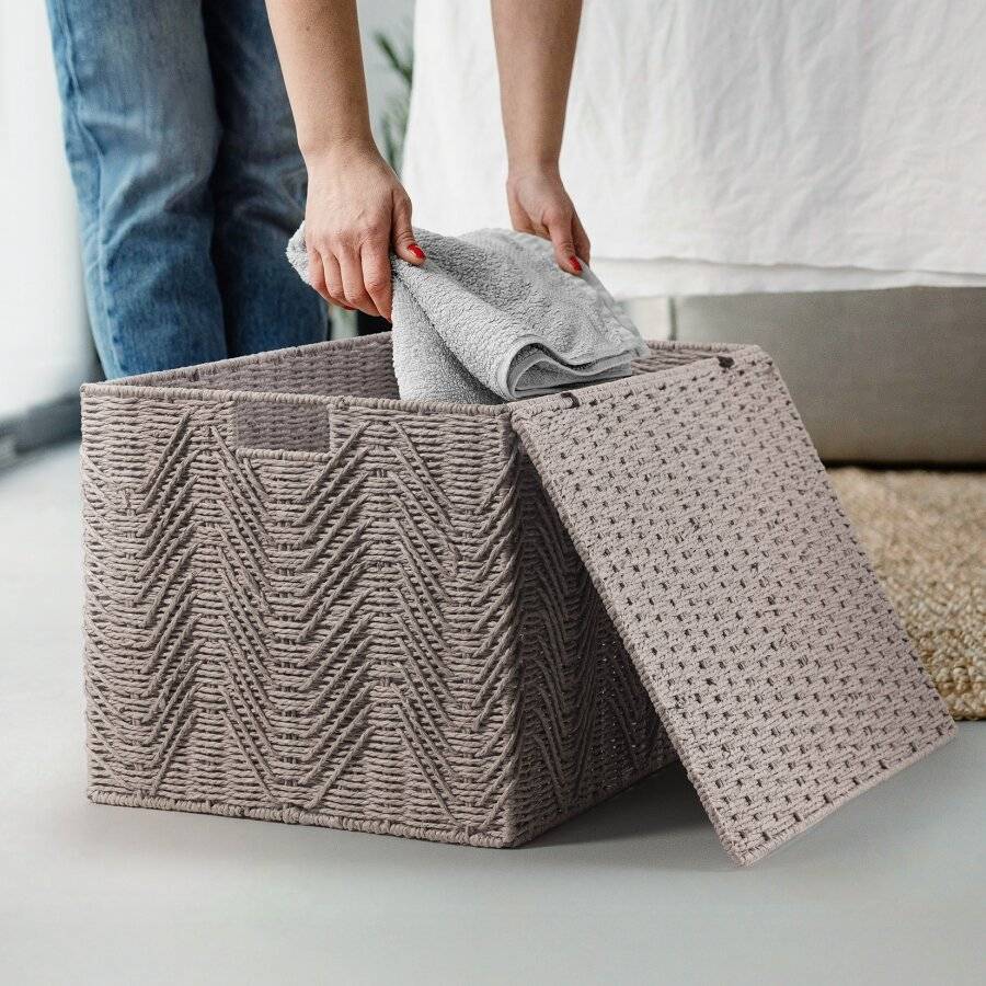 Woodluv Large Paper-rope Storage Box With Lid, Grey, 55 x 39 x 35 cm