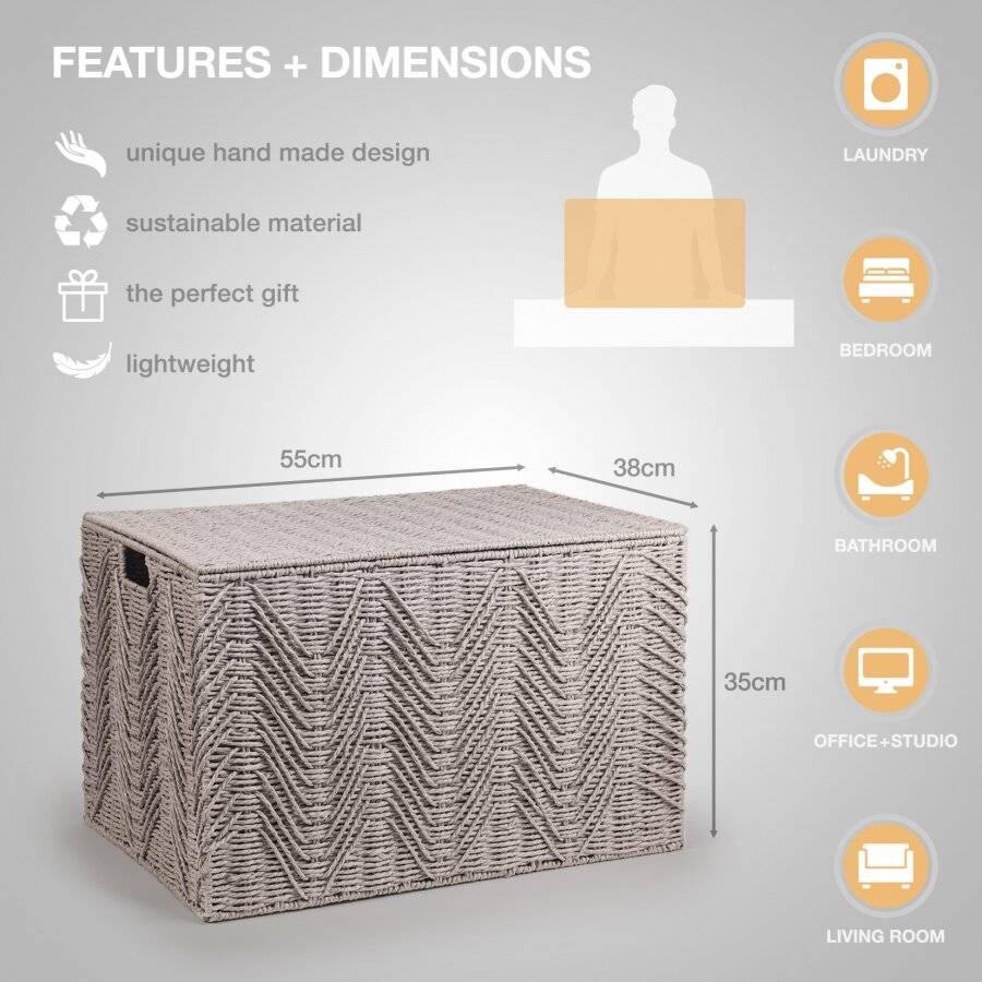 Woodluv Large Paper-rope Storage Box With Lid, Grey, 55 x 39 x 35 cm