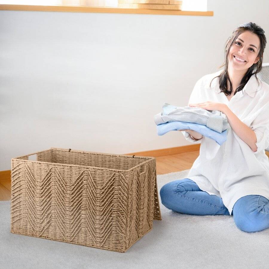Woodluv Large Paper-rope Storage Box With Lid, Khaki, 55 x 39 x 35 cm