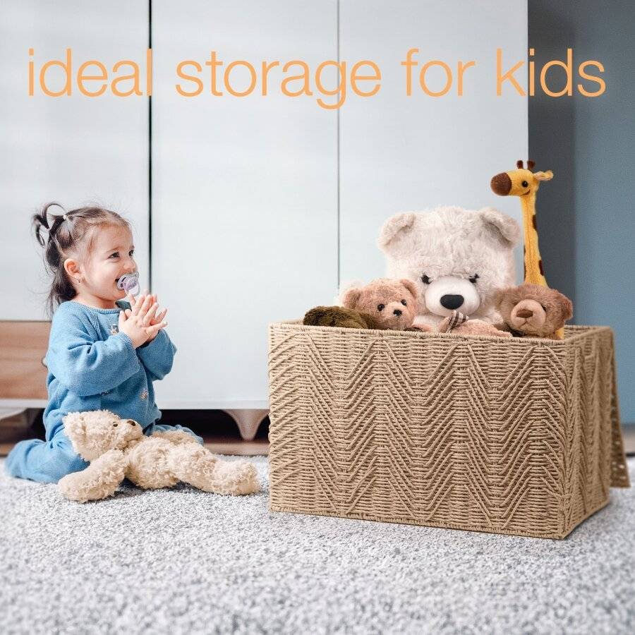 Woodluv Large Paper-rope Storage Box With Lid, Khaki, 55 x 39 x 35 cm