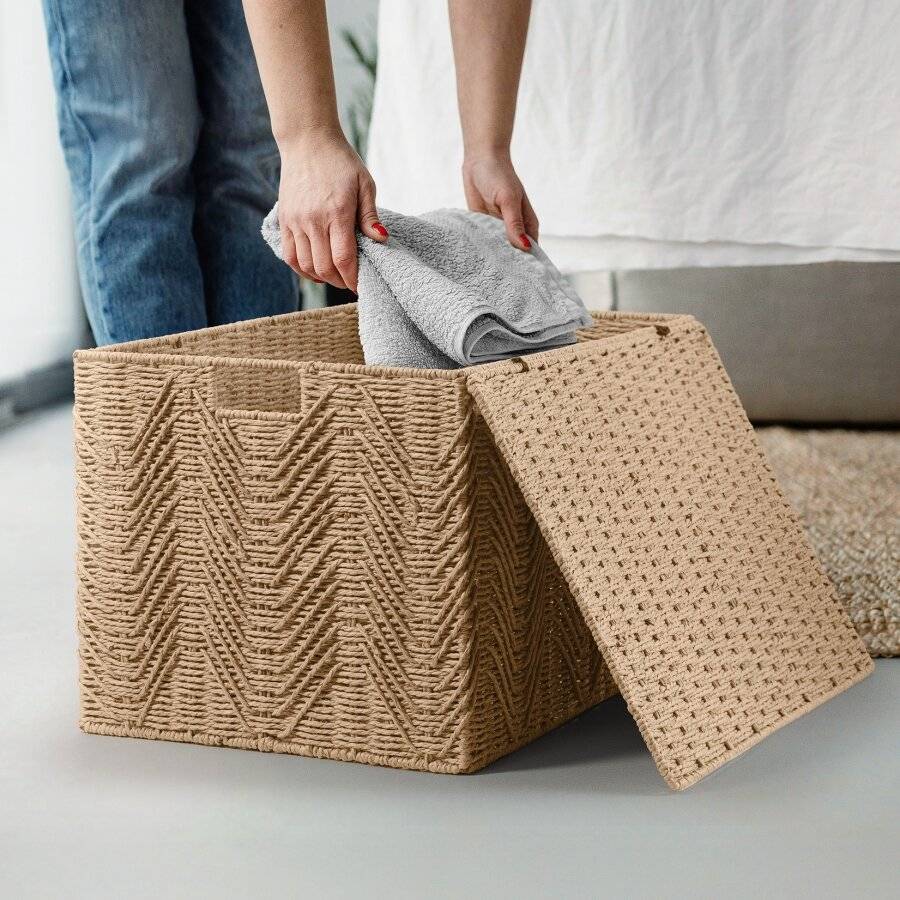 Woodluv Large Paper-rope Storage Box With Lid, Khaki, 55 x 39 x 35 cm