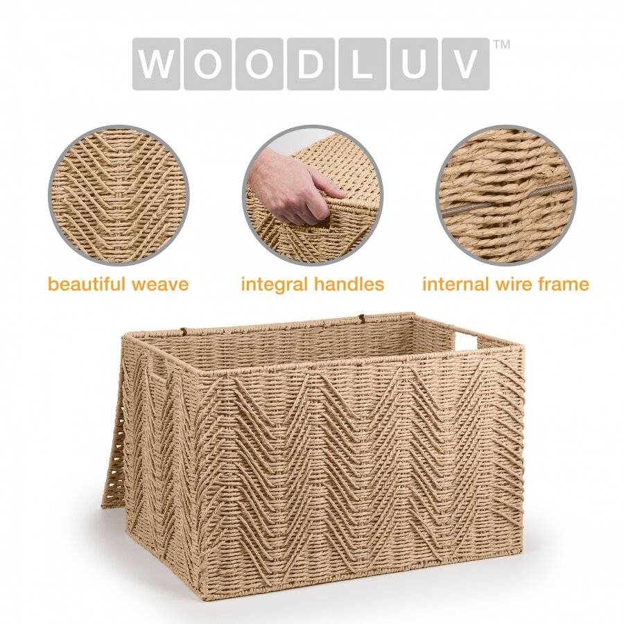 Woodluv Large Paper-rope Storage Box With Lid, Khaki, 55 x 39 x 35 cm