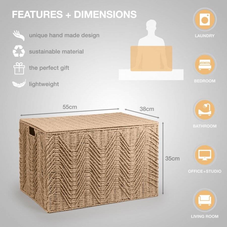 Woodluv Large Paper-rope Storage Box With Lid, Khaki, 55 x 39 x 35 cm