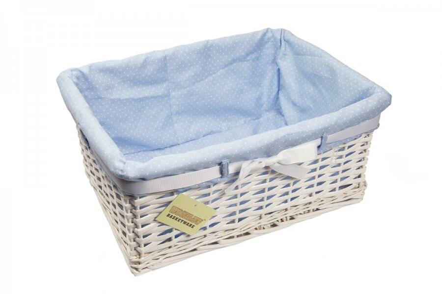 Woodluv Large White Willow Basket With Blue Dot Lining & Ribbon