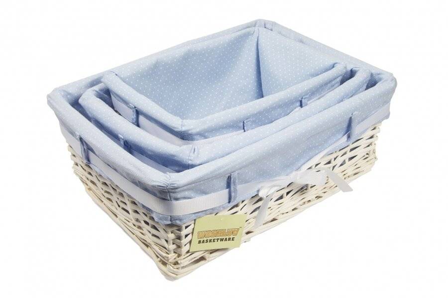 Woodluv Large White Willow Basket With Blue Dot Lining & Ribbon