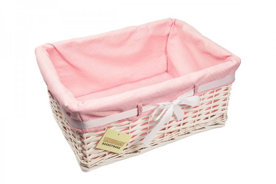 Woodluv Large White Willow Basket With Pink Dot Lining & Ribbon