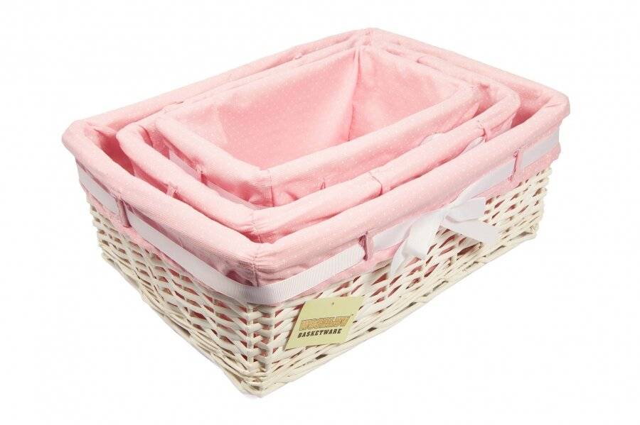 Woodluv Large White Willow Basket With Pink Dot Lining & Ribbon