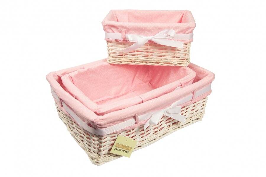 Woodluv Large White Willow Basket With Pink Dot Lining & Ribbon