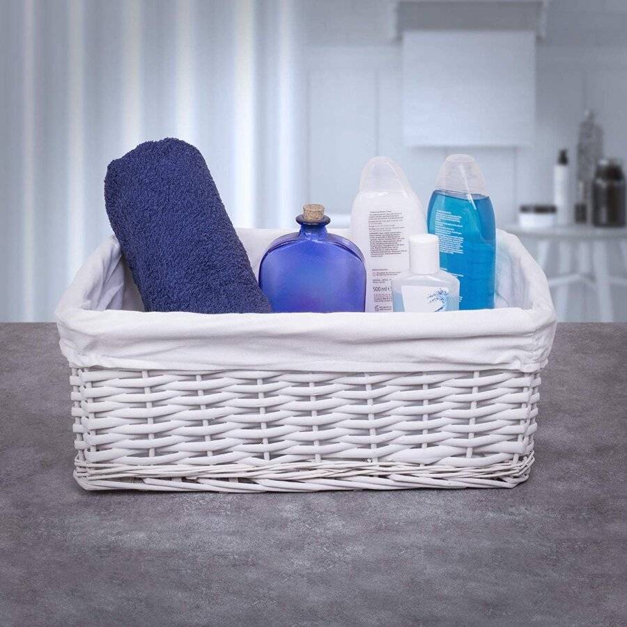 Woodluv Large White Wicker Storage Basket With White Removable Lining