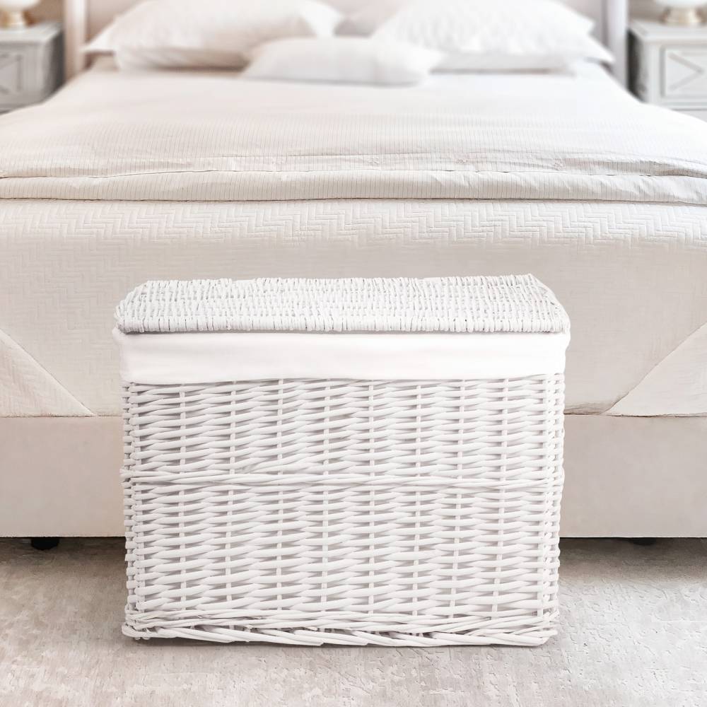 Woodluv Wicker Lined Storage Trunk With Lid, Large - White