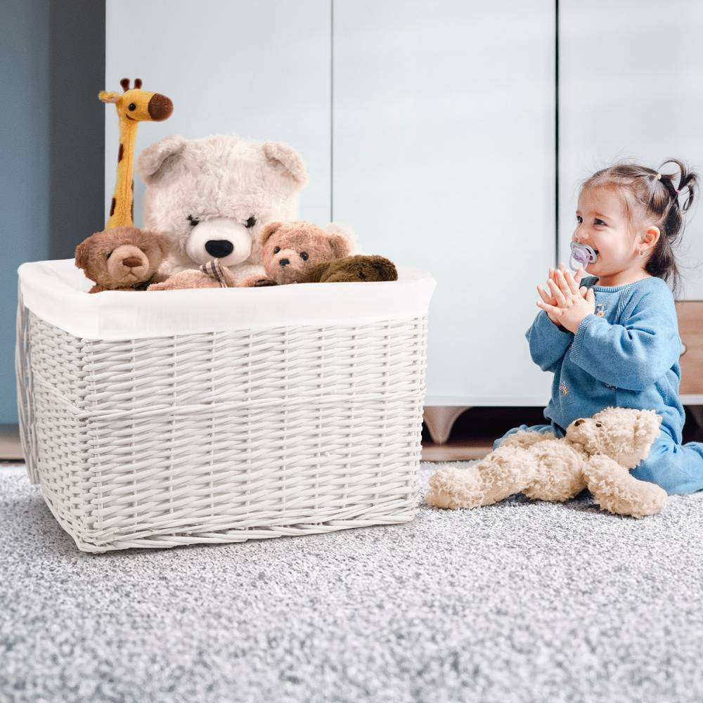 Woodluv Wicker Lined Storage Trunk With Lid, Large - White