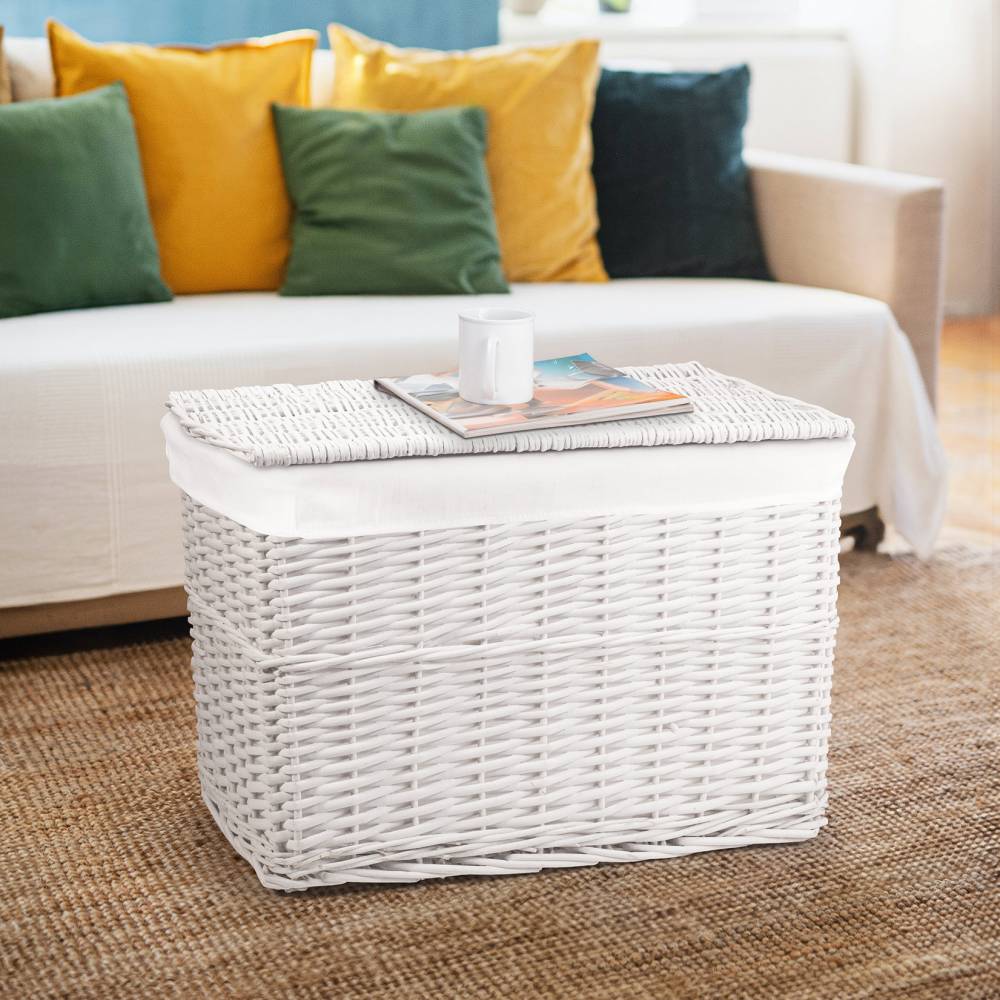Woodluv Wicker Lined Storage Trunk With Lid, Large - White