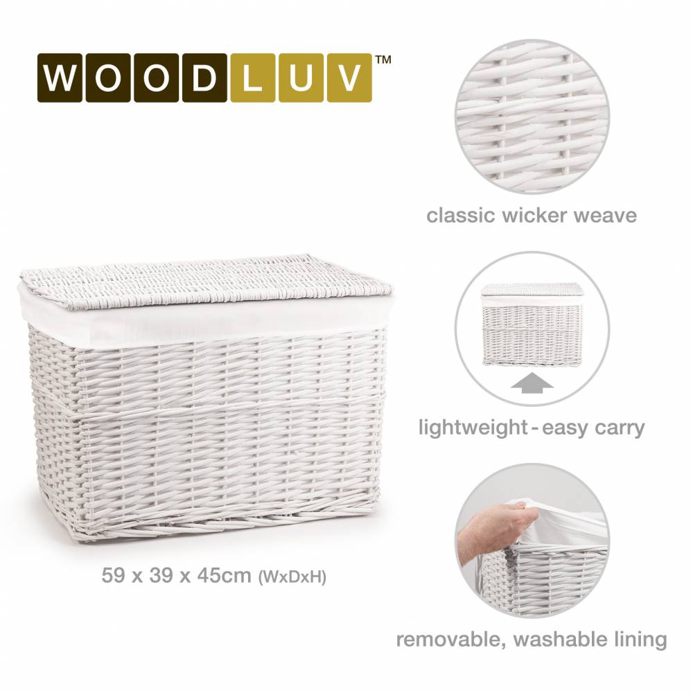 Woodluv Wicker Lined Storage Trunk With Lid, Large - White