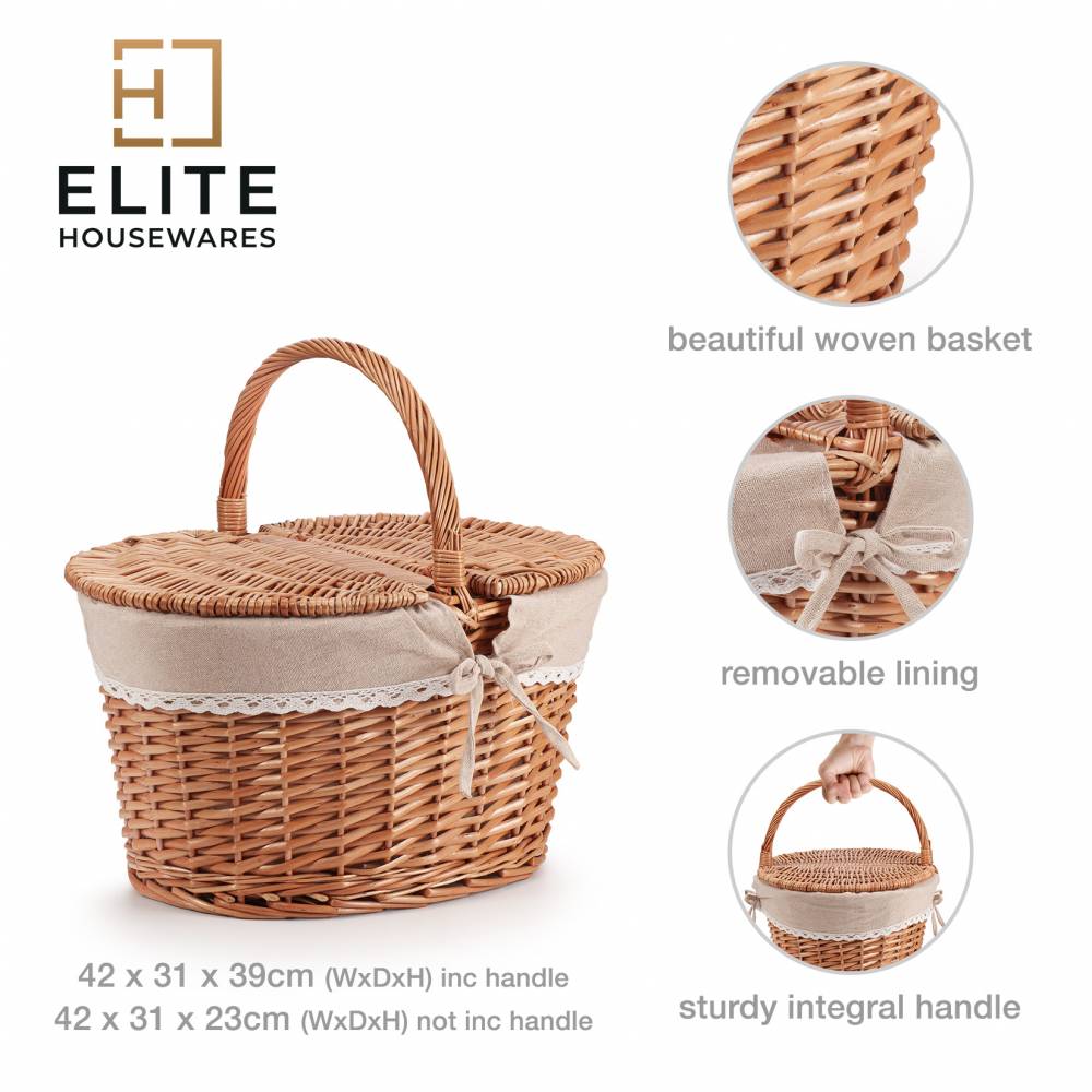 Woodluv Lined Oval Natural Willow Picnic Hamper Basket With Handle