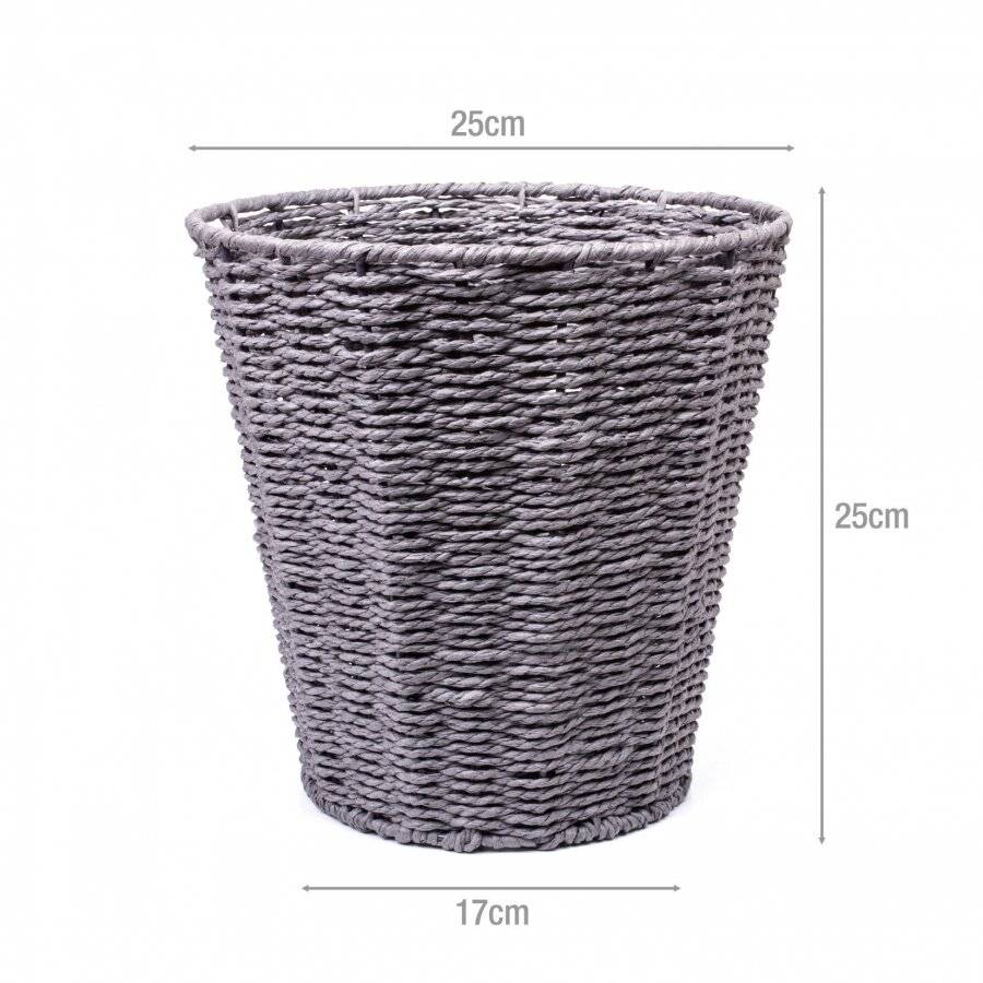 Woodluv Paper Rope Round Waste Paper Basket Bin - Grey