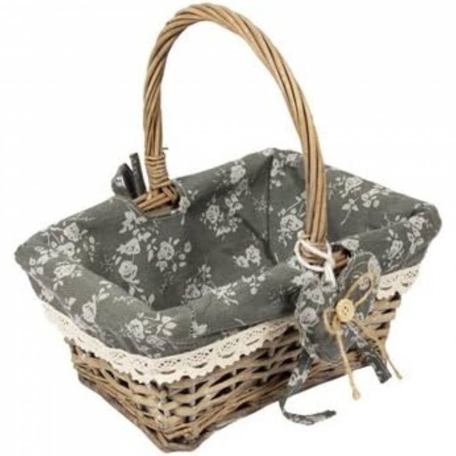 Woodluv Vintage Rectangular Lined Wicker Basket With Handles - Grey