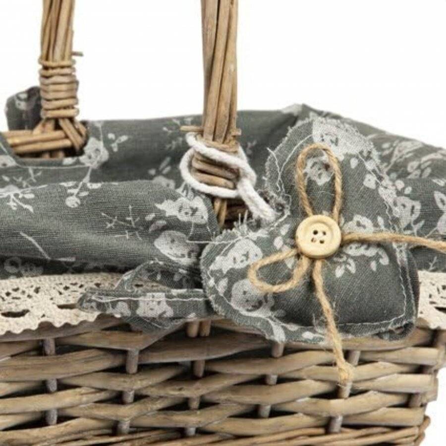 Woodluv Vintage Rectangular Lined Wicker Basket With Handles - Grey