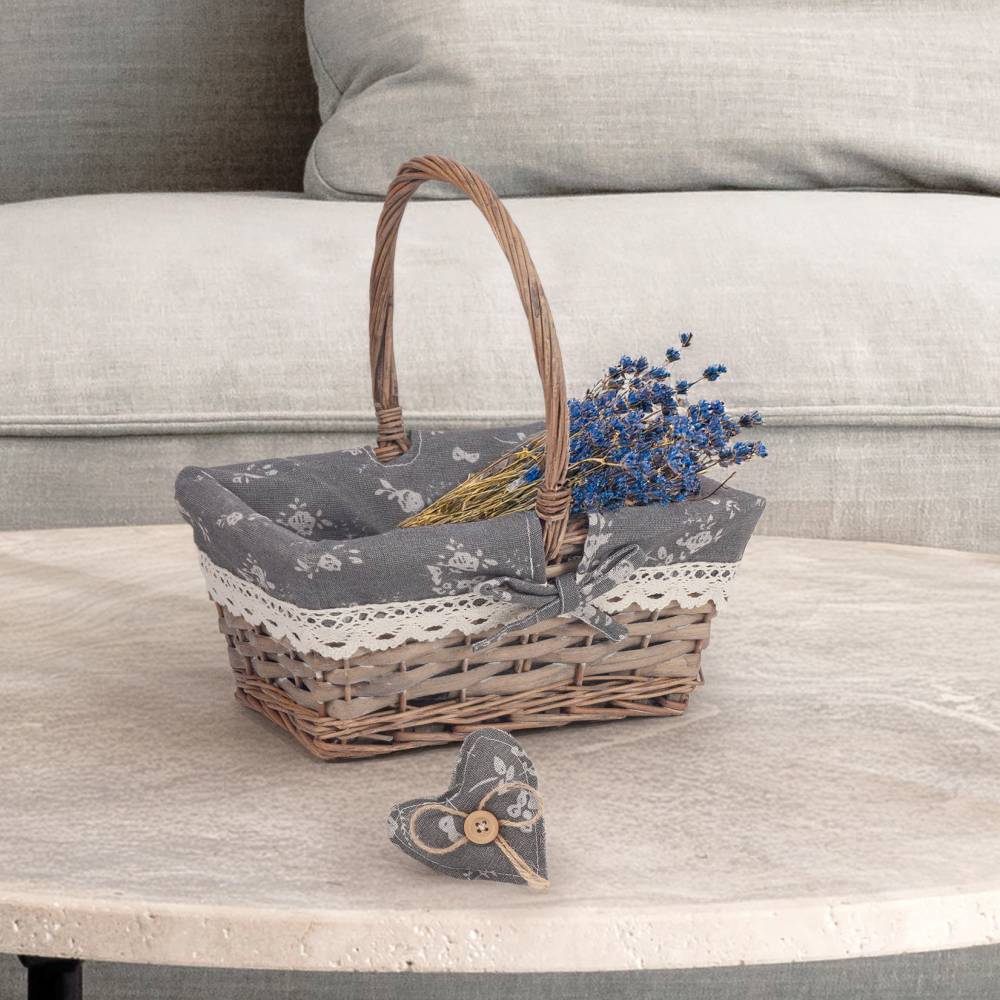 Woodluv Vintage Rectangular Lined Wicker Basket With Handles - Grey