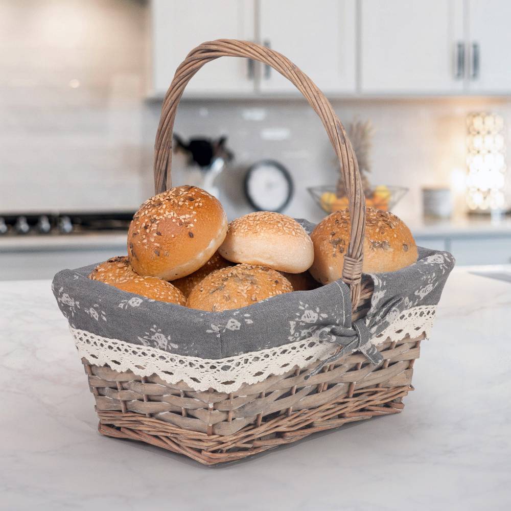 Woodluv Vintage Rectangular Lined Wicker Basket With Handles - Grey