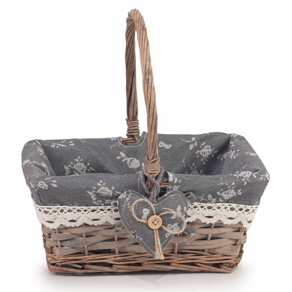 Woodluv Vintage Rectangular Lined Wicker Basket With Handles - Grey