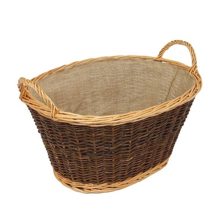 Woodluv Wicker Handmade Oval Lined Log Basket, Natural & Dark Brown