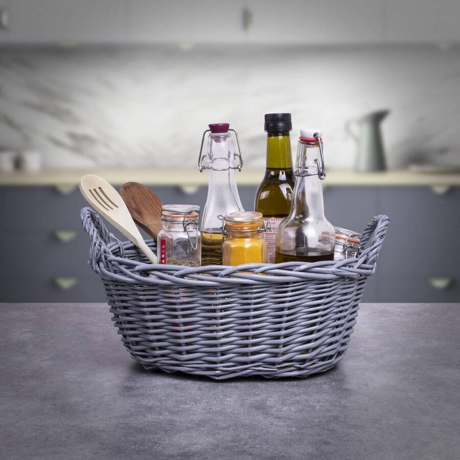 Woodluv Wicker Oval Storage Gift Hamper Basket With Handles, Grey