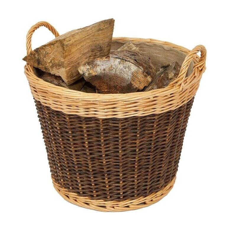 Woodluv Wicker Round Lined Log Basket With Handle - Natural/Dark Brown