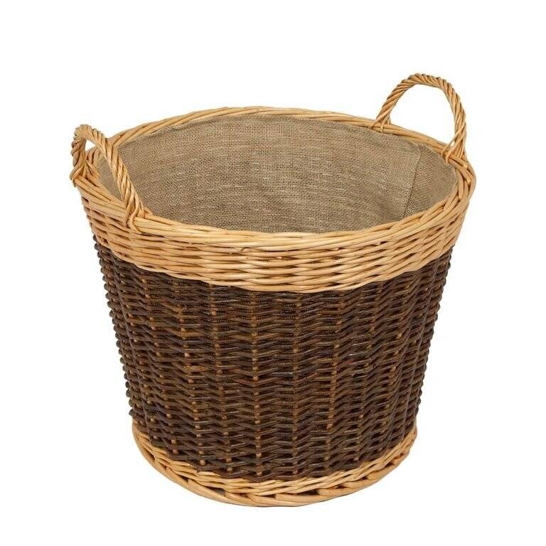 Woodluv Wicker Round Lined Log Basket With Handle - Natural/Dark Brown