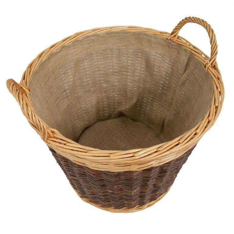 Woodluv Wicker Round Lined Log Basket With Handle - Natural/Dark Brown