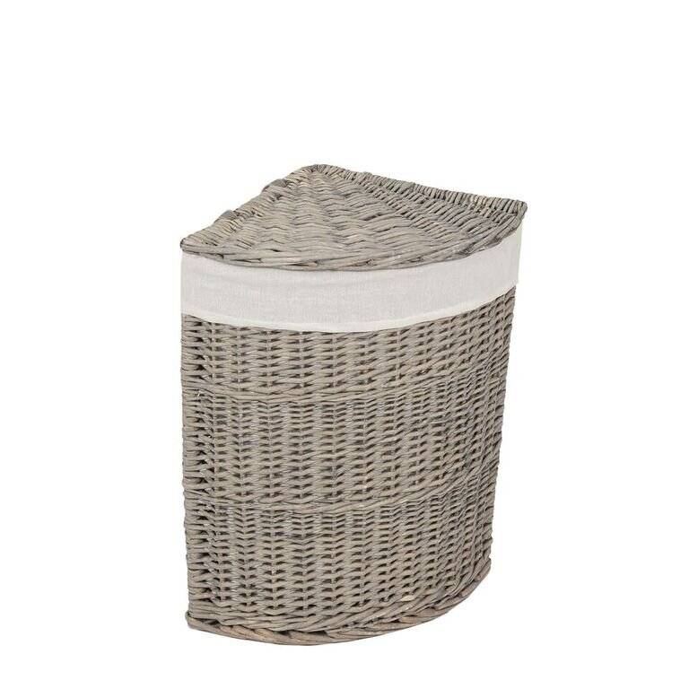 Woodluv Antique Washed Corner Laundry Willow Basket, Smoke - Medium