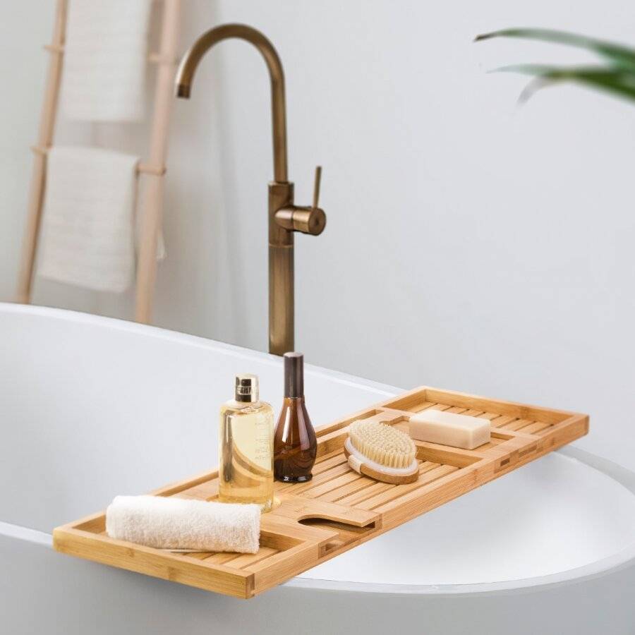 Luxurious Bamboo Water Resistance Bath Caddy Bridge With 7 Slots