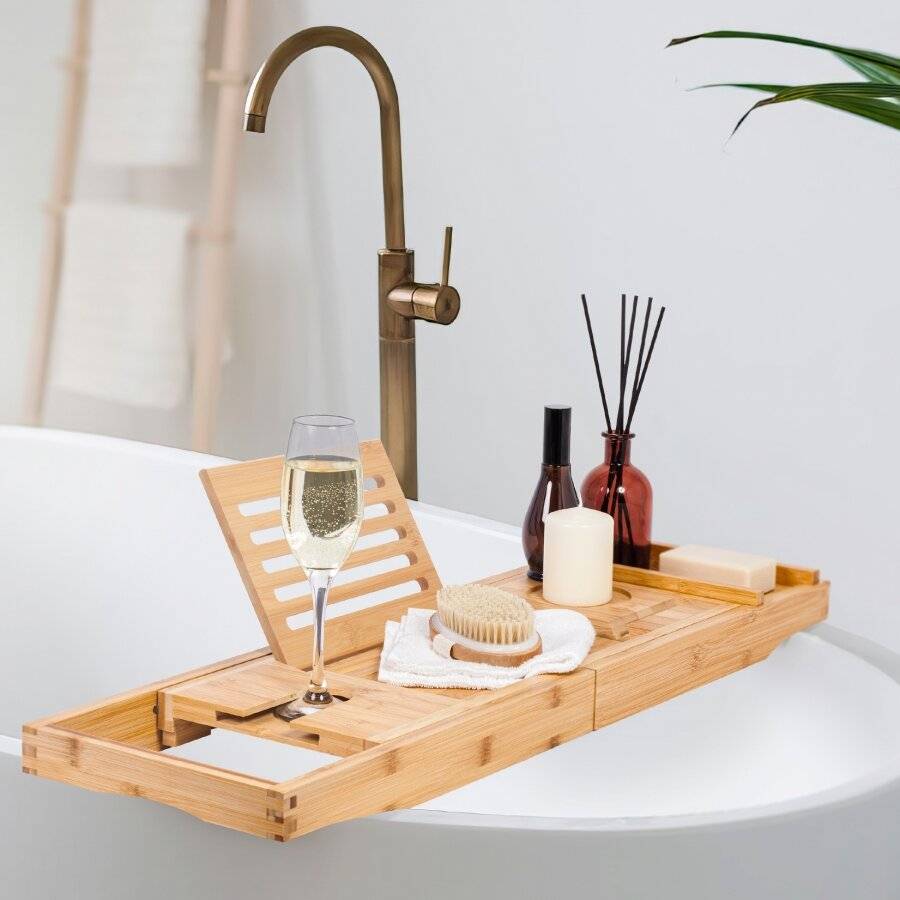 Woodluv Luxurious Natural, Expandable Bamboo Wood Bath Bridge Caddy