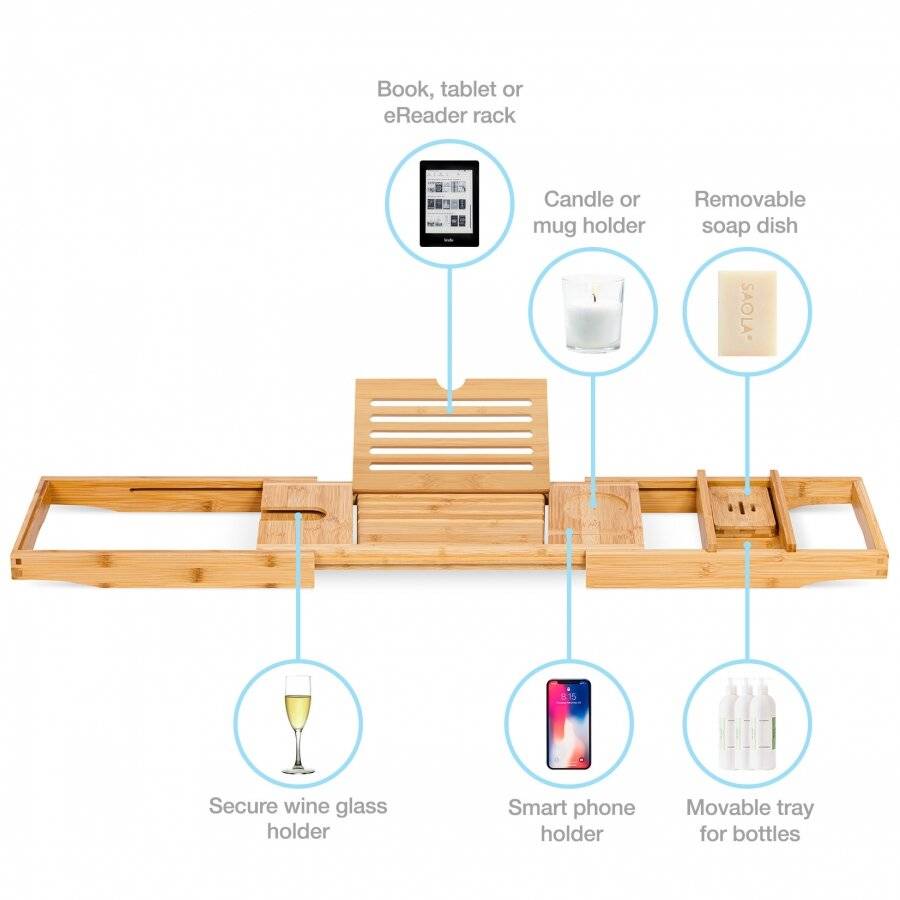 Woodluv Luxurious Natural, Expandable Bamboo Wood Bath Bridge Caddy