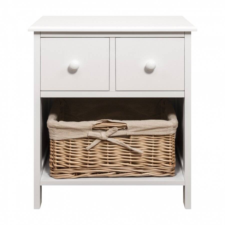 Luxury 2 Drawer MDF Cabinet With Wicker Basket - White