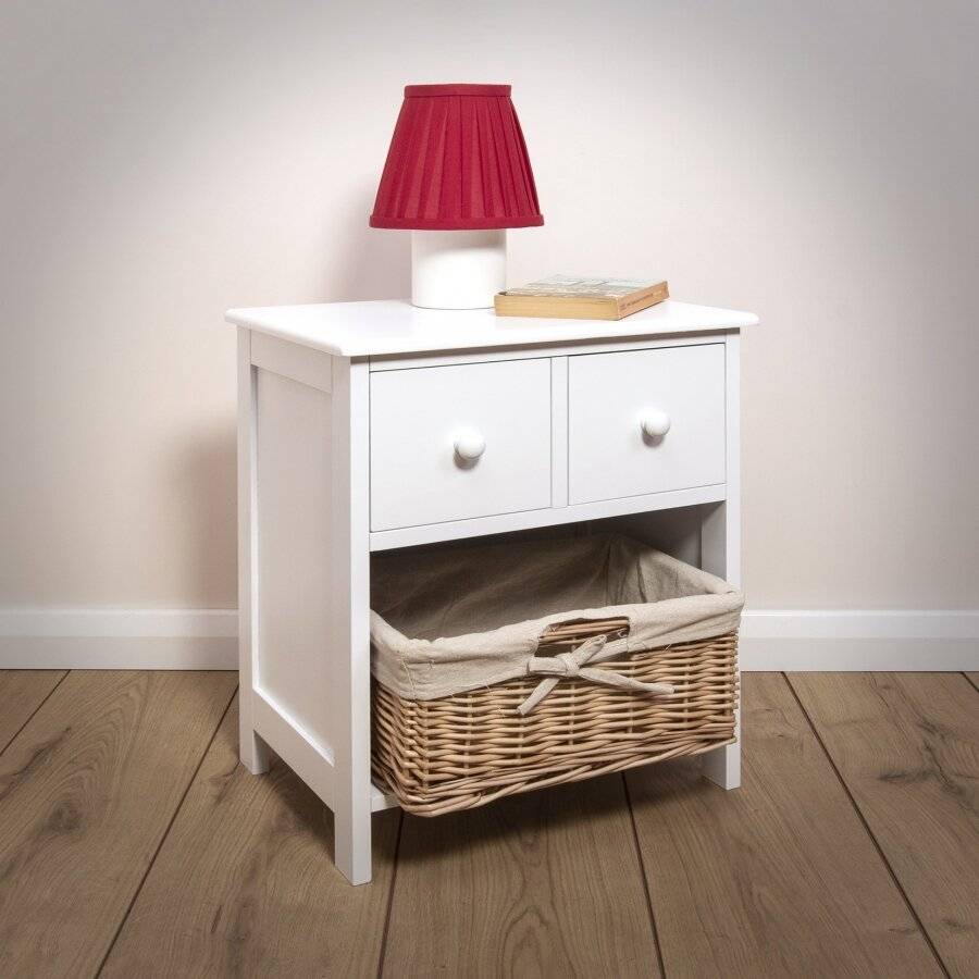 Luxury 2 Drawer MDF Cabinet With Wicker Basket - White