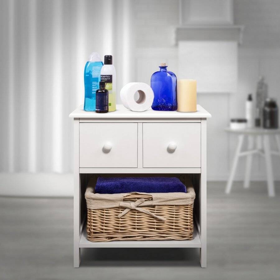 Luxury 2 Drawer MDF Cabinet With Wicker Basket - White