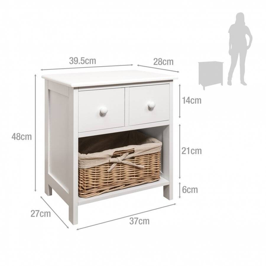 Luxury 2 Drawer MDF Cabinet With Wicker Basket - White