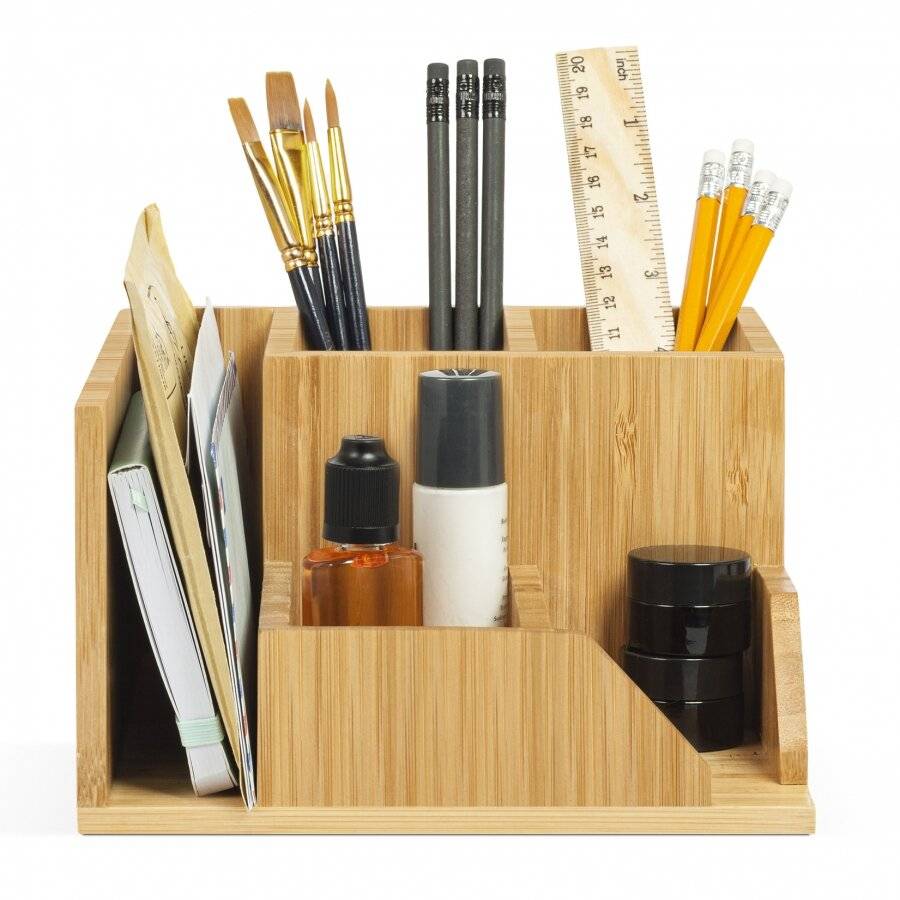 Woodluv Luxury Bamboo Wood Desk Top Stationery Organizer