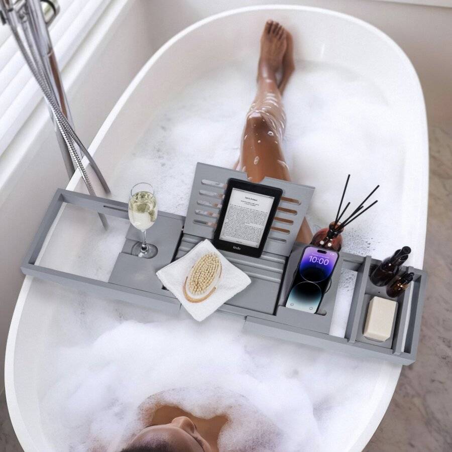 Woodluv Luxury Extendable Bamboo Bathtub Caddy/ Bath Tray - Grey