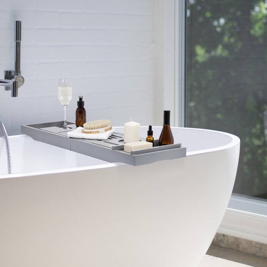 Woodluv Luxury Extendable Bamboo Bathtub Caddy/ Bath Tray - Grey